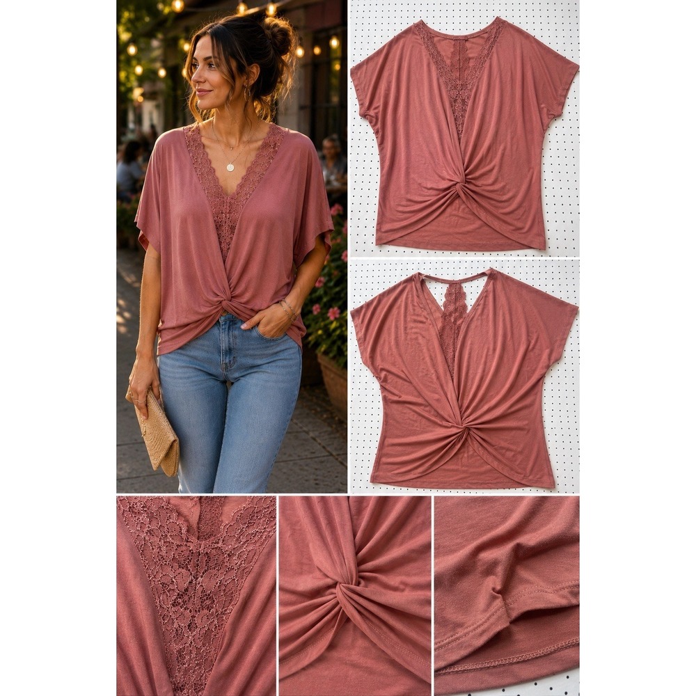 Daytrip Dusty Rose Lace-Trim Twist-Front Blouse